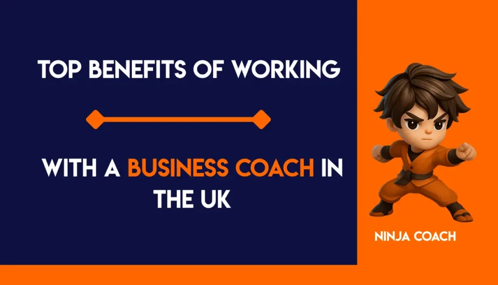 Business coach guiding a UK business owner through growth strategy in a modern office.