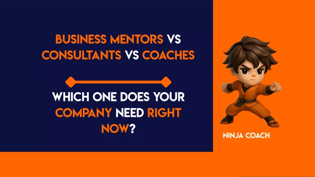 Infographic showing ‘Mentor vs Consultant vs Coach’ with arrows and definitions for each term.