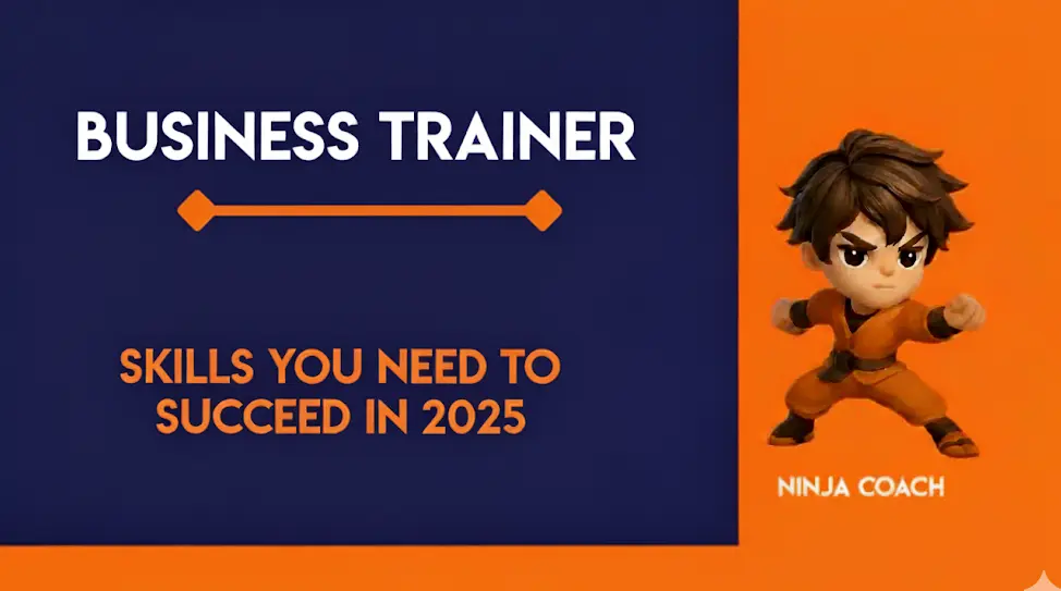 Business trainer delivering an interactive workshop to professionals via both in-person and virtual platforms, showcasing essential skills for success in 2025.