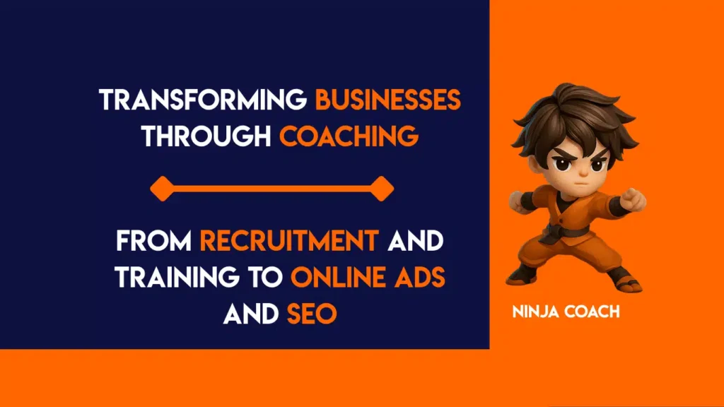 Business coach reviewing recruitment metrics and digital ad analytics with a business owner in a modern office, illustrating transformation from hiring to online growth.