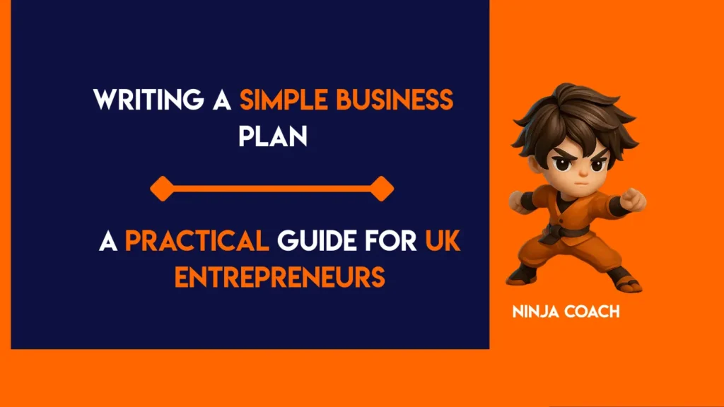 UK entrepreneur writing a simple business plan on a laptop at a desk