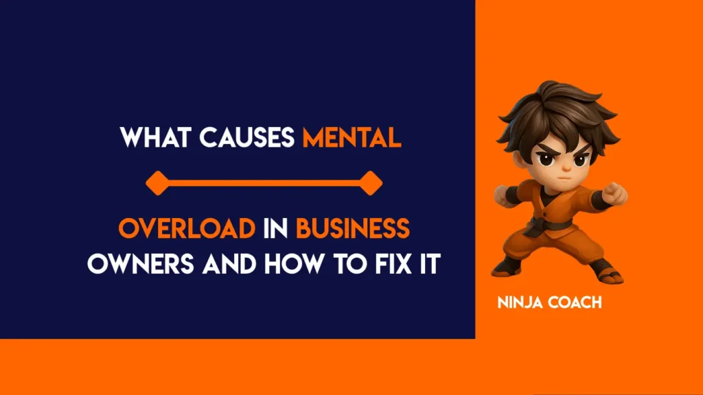 Overwhelmed business owner surrounded by tasks and notifications, showing mental overload, stress, and difficulty managing multiple responsibilities